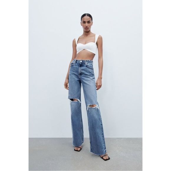 Zara Denim - NWT Zara Blogger Favorite High Waisted Wide-Leg Ripped Jeans in Blue